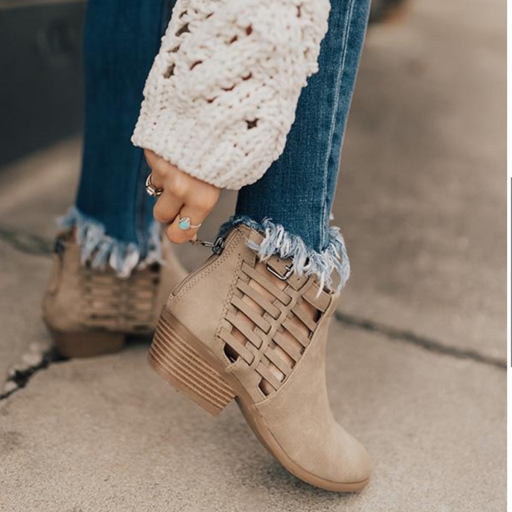 Chic Taupe Cutout Sides Low Heel Ankle Booties - Picture 1 of 8